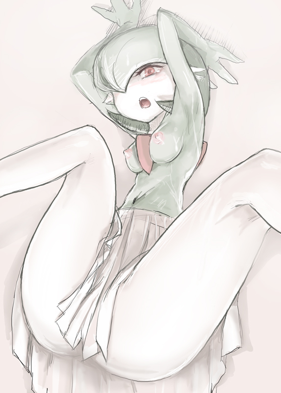 anthro anthrofied artist_request breasts censored convenient_censoring gardevoir green_hair imminent_rape nipples no_humans pokemon red_eyes short_hair solo source_request white_skin