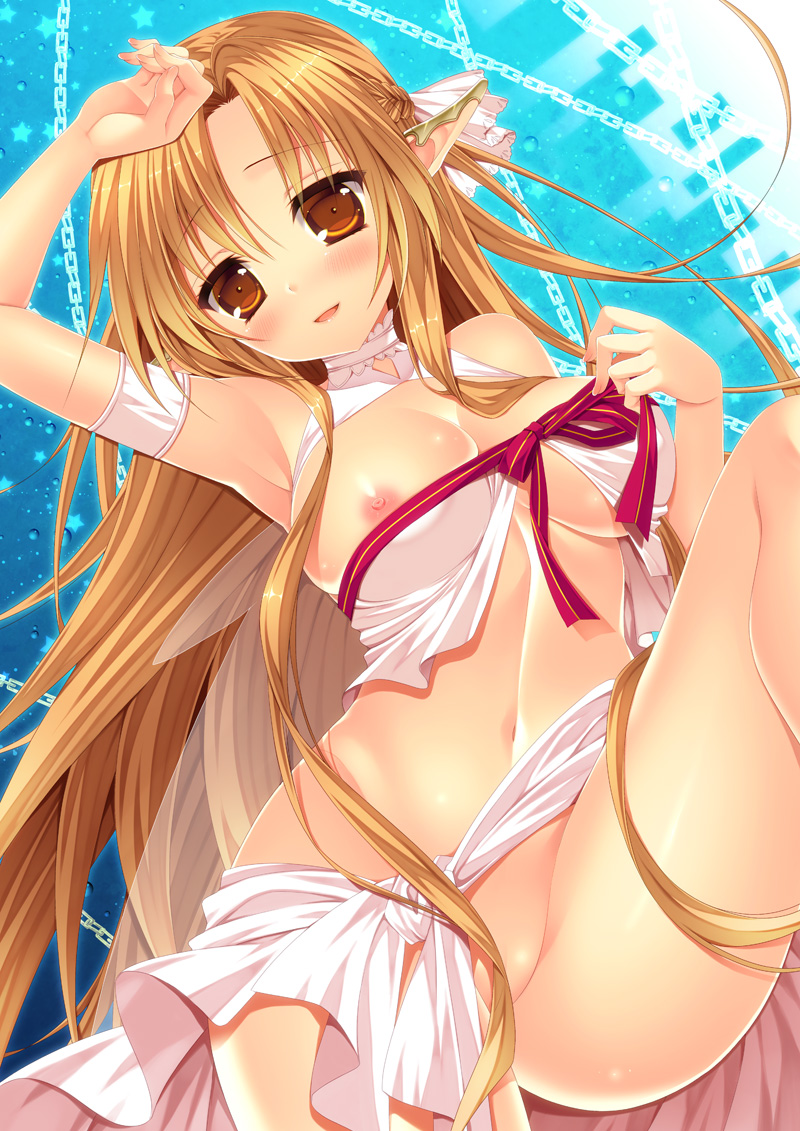 1girl :d arm_up armpits asuna_(sao) asuna_(sao-alo) bare_shoulders blush breasts brown_eyes brown_hair chain chains ear_covers elf female leg_up long_hair looking_at_viewer looking_back minatsuki_alumi nipples no_panties open_mouth parted_lips pointy_ears ribbon shiny shiny_skin smile solo sword_art_online titania_(sao)