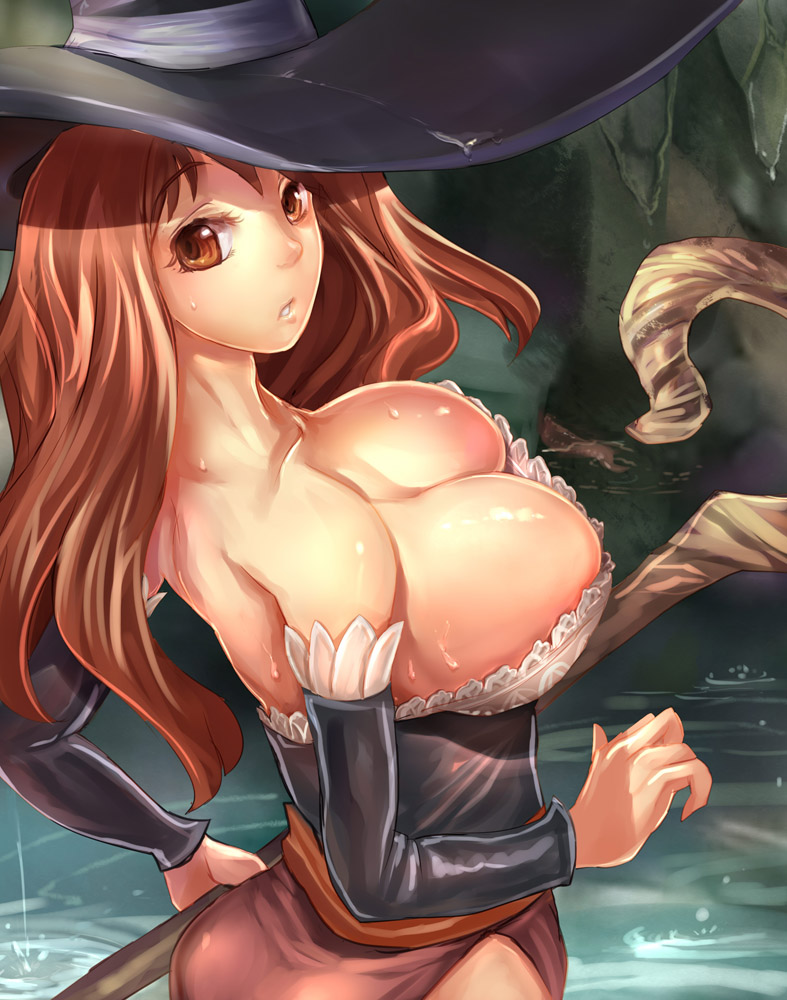 1girl bare_shoulders breasts brown_eyes cleavage detached_sleeves down_blouse downblouse dragon's_crown dress female huge_breasts large_breasts looking_back red_hair solo sorceress_(dragon's_crown) staff strapless_dress suoni_(deeperocean) suoni_(pixiv) water
