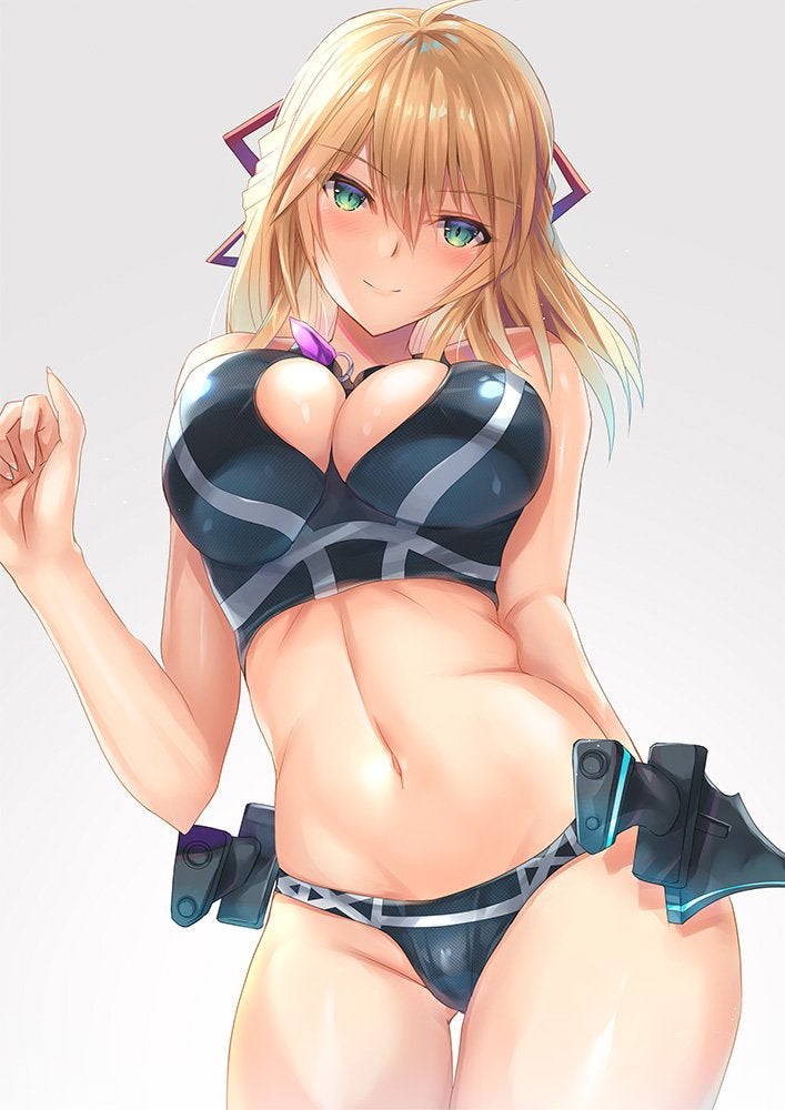1girl 1girl alluring arm_up bare_shoulders big_breasts big_breasts bikini black_bikini black_swimsuit blonde_female blonde_hair blush breasts cleavage cleavage_cutout contrapposto eyebrows_visible_through_hair fiora_(xenoblade) gluteal_fold green_eyes grey_background hair_ornament head_tilt hinot jewelry knife long_hair looking_at_viewer medium_hair navel necklace nintendo print_bikini simple_background smile solo_female swimsuit weapon xenoblade_(series) xenoblade_chronicles