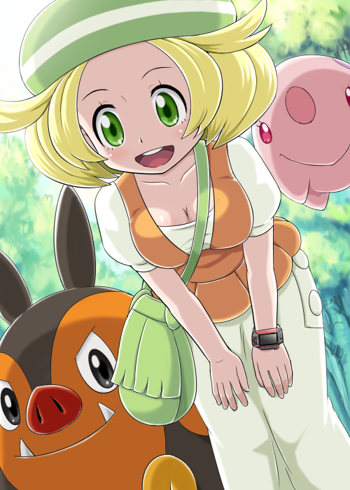 1girl :d bag bel_(pokemon) beret blonde_hair breasts cleavage forest green_eyes hat leaning_forward munna nature open_mouth pignite pokemoa pokemon pokemon_(game) pokemon_black_and_white pokemon_bw smile soara vest