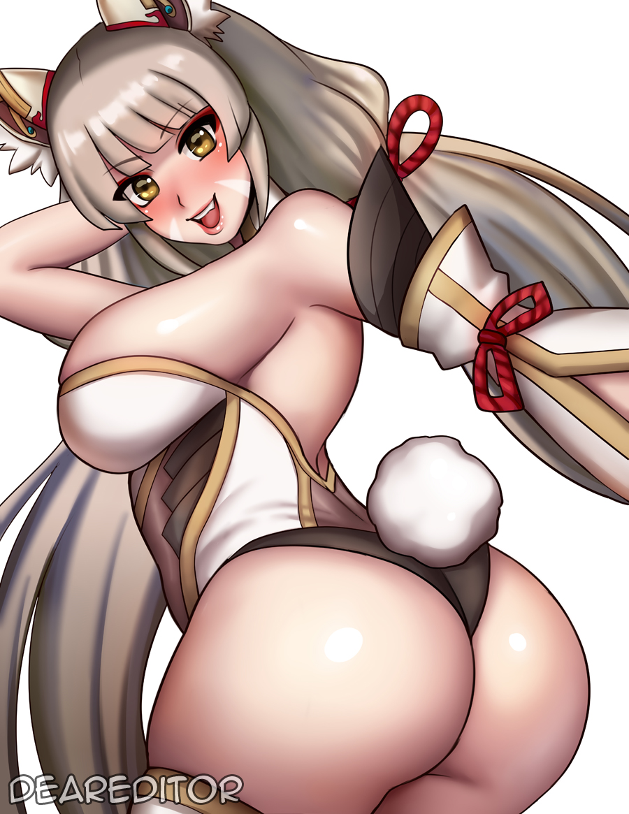 1girl :d alluring animal_ears artist_name ass ass_focus bare_shoulders big_breasts blush breasts brown_hair cat_ears cat_girl deareditor fake_tail highleg highleg_leotard leotard long_hair looking_at_viewer looking_back nia_(blade)_(xenoblade) nia_(xenoblade) open_mouth rabbit_tail shiny_skin simple_background smile strapless strapless_leotard tail twin_tails very_long_hair white_background white_leotard white_sleeves xenoblade_(series) xenoblade_chronicles_2 yellow_eyes