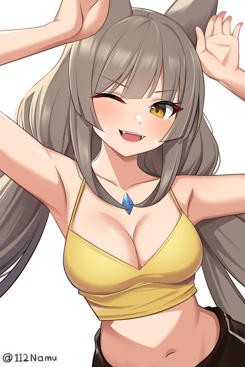 1girl :d alluring alternate_costume animal_ears armpits arms_up bare_shoulders breasts camisole cleavage crop_top grey_hair high_res long_hair looking_at_viewer low_twintails medium_breasts midriff namu_(112namu) navel nia_(blade)_(xenoblade) nia_(xenoblade) open_mouth smile spaghetti_strap stomach twin_tails upper_body very_long_hair white_background xenoblade_(series) xenoblade_chronicles_2 yellow_eyes