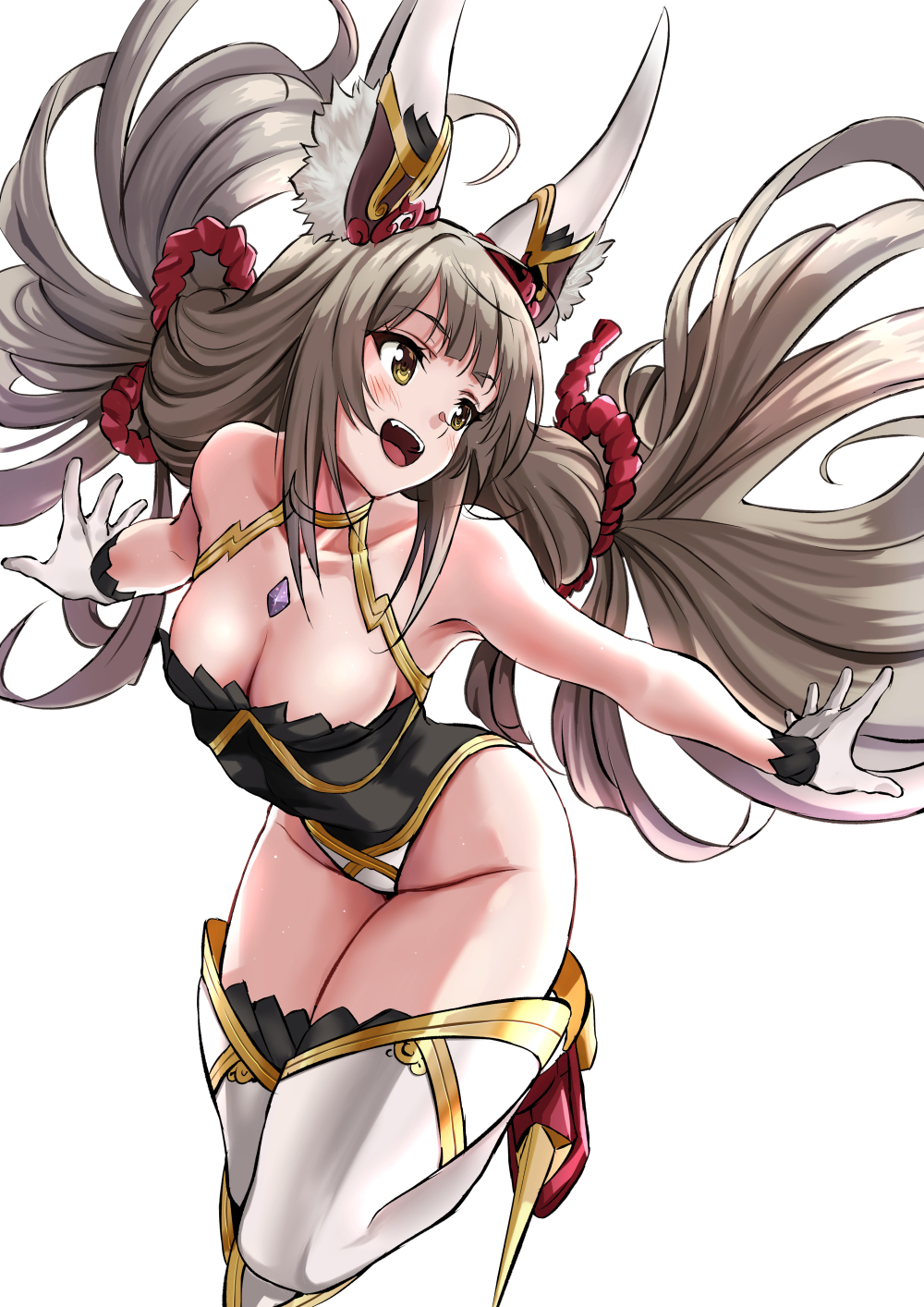 1girl 1girl alluring animal_ears bare_shoulders big_breasts blush breasts brown_eyes chest_jewel cleavage collarbone facial_mark gloves high_res highleg highleg_leotard leaning_forward leotard long_hair low_twintails nia_(blade)_(xenoblade) nia_(xenoblade) nintendo niyah open_mouth outstretched_arms smile spoilers spread_arms stockings twin_tails very_long_hair white_gloves white_thighhighs xenoblade_(series) xenoblade_chronicles_2 yuuuun0218