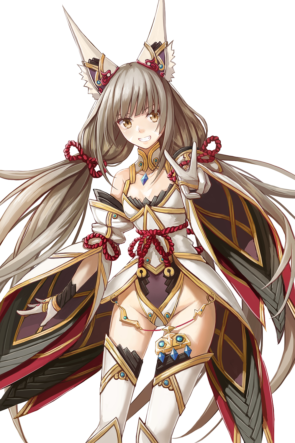1girl :d alluring animal_ears bare_shoulders breasts bridal_gauntlets cleavage_cutout clothing_cutout detached_sleeves high_res jewelry leotard light_brown_hair long_hair long_sleeves looking_at_viewer low-tied_long_hair low_twintails necklace nia nia_(blade)_(xenoblade) nia_(xenoblade) nintendo niyah open_mouth redpoke simple_background small_breasts smile spoilers standing stockings twin_tails v very_long_hair white_background white_thighhighs xenoblade_(series) xenoblade_chronicles_2 yellow_eyes