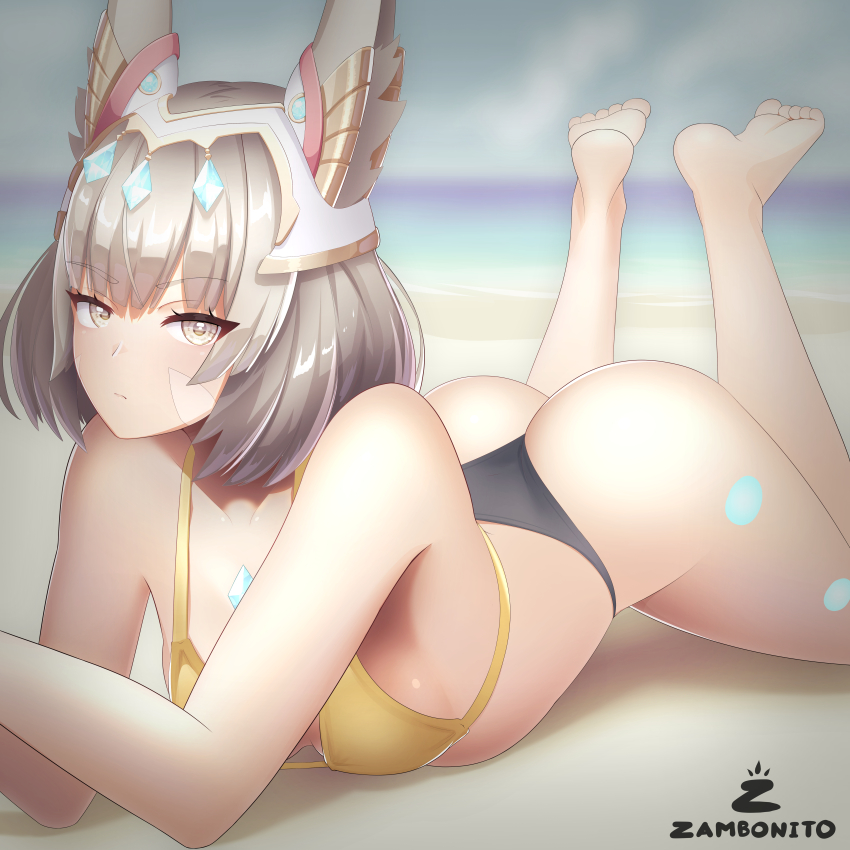 1girl 1girl absurd_res alluring animal_ears artist_name ass bare_legs bare_shoulders barefoot bikini blush breasts cat_ears crown facial_mark grey_hair high_res looking_at_viewer lying medium_breasts medium_hair nia nia_(blade)_(xenoblade) nia_(xenoblade) nintendo on_stomach swimsuit thong thong_bikini xenoblade_(series) xenoblade_chronicles_2 xenoblade_chronicles_3 yellow_eyes zambonito