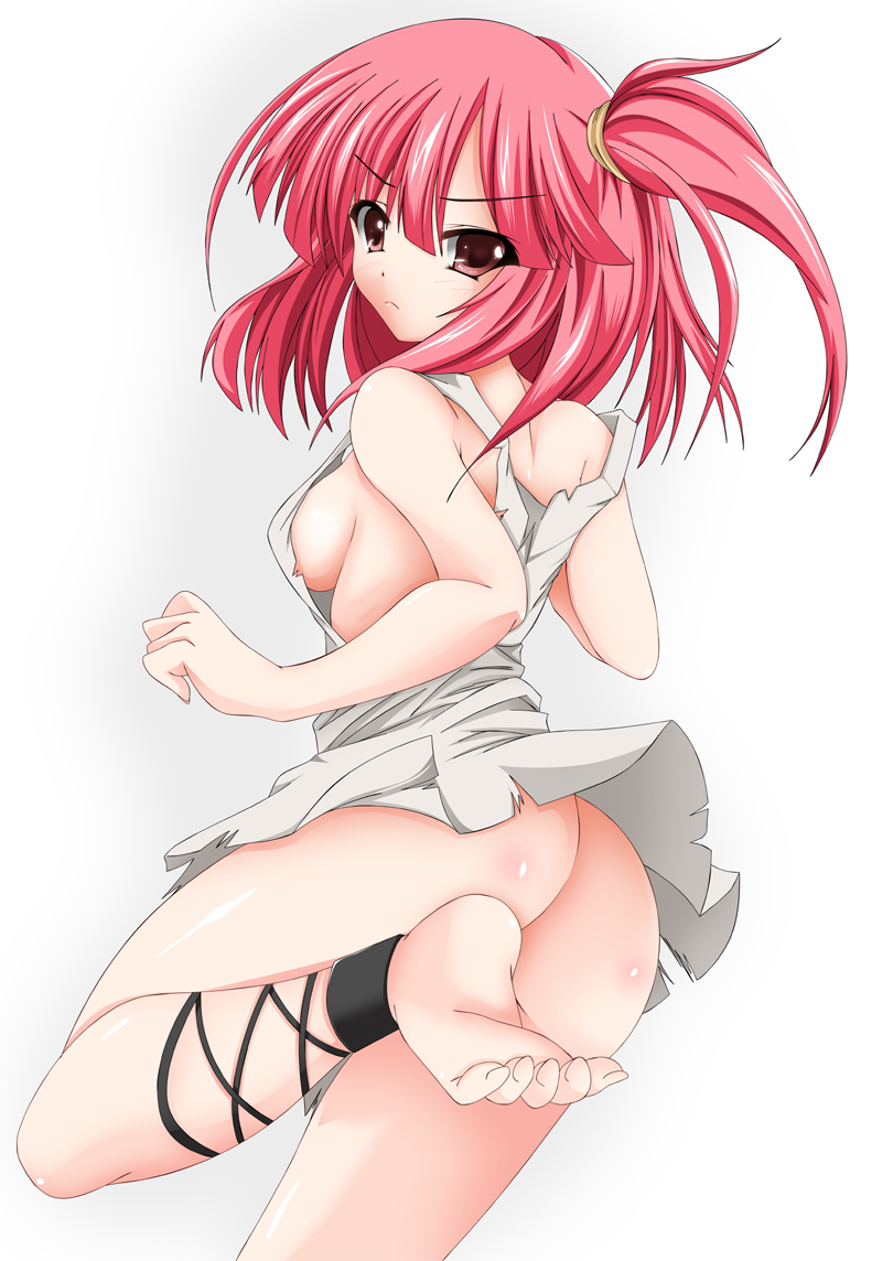 1girl ankle_lace-up ass barefoot breasts brown_eyes cross-laced_footwear feet female kannagi_tsukasa looking_at_viewer looking_back magi:_the_labyrinth_of_magic medium_breasts morgiana no_bra no_panties red_hair short_hair side_ponytail sideboob simple_background soles solo toes white_background
