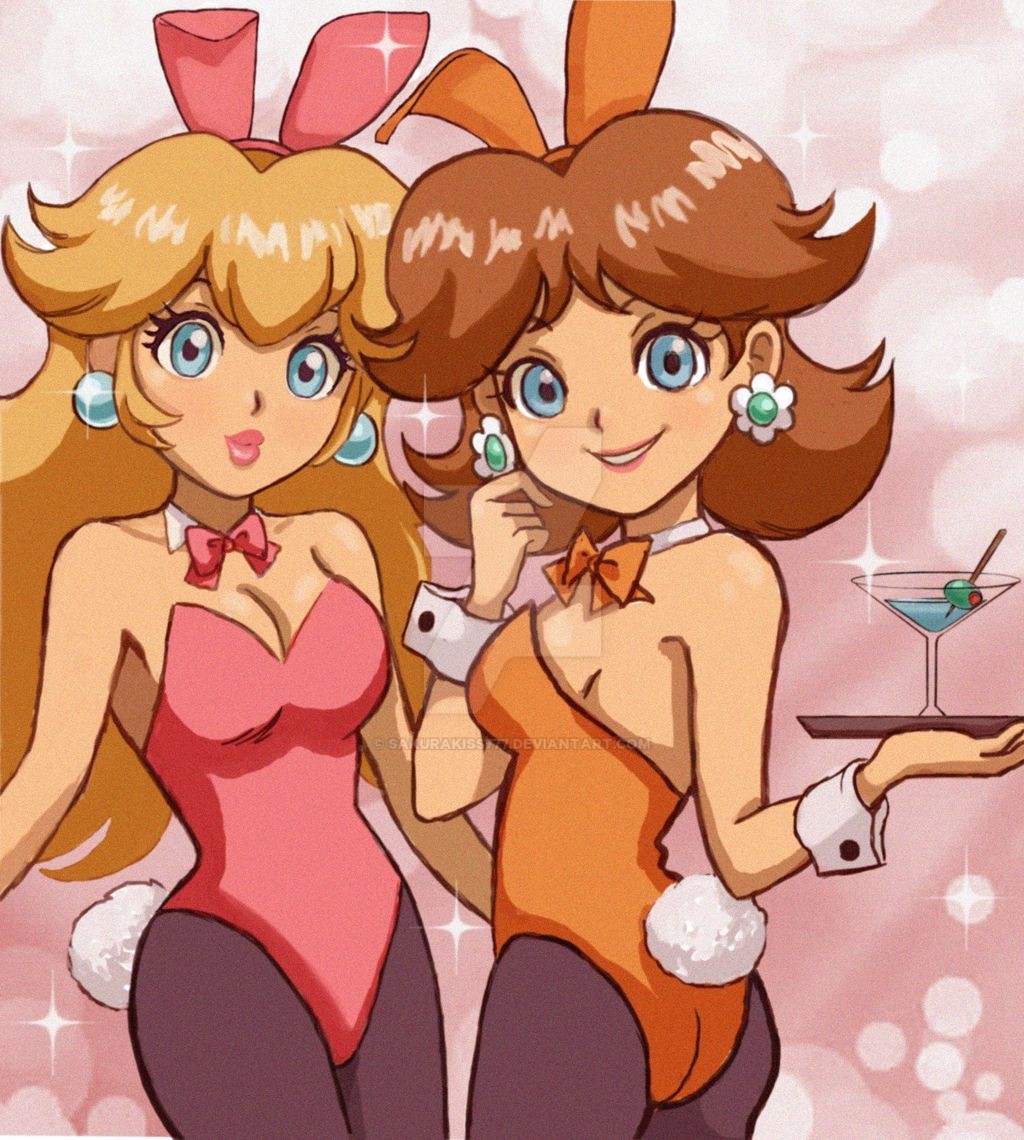 2_girls 2d 2girls alizul ass black_pantyhose black_tights blonde_hair blue_eyes bowtie brown_hair bunny_ears bunny_girl bunny_tail bunnysuit cleavage collar cuffs female leotard looking_at_viewer pantyhose pink_leotard princess_daisy princess_peach tights yellow_leotard