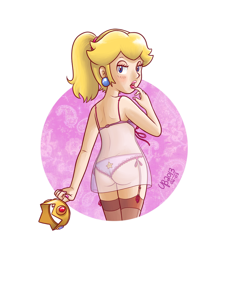 1girl 2d ass bedroom_eyes blonde_hair blue_eyes bra caucasian crown crown_removed earrings female female_only garter_belt garter_straps lingerie lipstick looking_at_viewer negligee painted_nails panties pink_lipstick pink_nails princess_peach seductive solo stockings super_mario_bros. thebourgyman