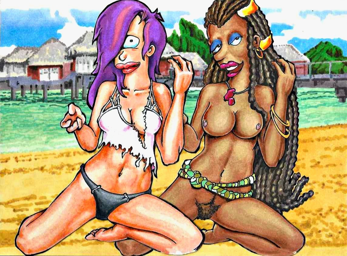 2_girls 2girls breasts dark-skinned_female dark_skin female female_only futurama labarbara_conrad panties pubic_hair pussy turanga_leela