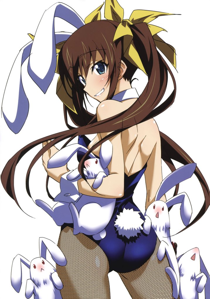 10s 1girl :&gt; :&lt; :d absurdres animal_ears ass back blue_eyes blush brown_hair bunny choker fake_animal_ears female_focus fishnet_pantyhose fishnets from_behind grin hair_ribbon highres huang_lingyin infinite_stratos kurashima_tomoyasu leotard long_hair looking_at_viewer looking_back official_art open_mouth pantyhose playboy_bunny rabbit_ears rabbit_tail ribbon smile solo standing tail twintails