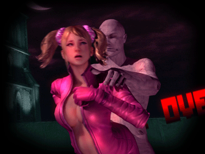 1boy 1girl 3d animated animated_gif blonde_hair bouncing_breasts breasts catsuit cleavage covered_breasts covered_nipples female from_behind game_over gif hetero juliet_starling lollipop_chainsaw long_hair male night open_catsuit outside pigtails pink_catsuit sex