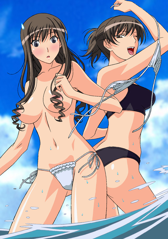 2_girls 2girls amagami arm arm_up arms art ass ass-to-ass bad_id bare_legs bare_shoulders big_breasts bikini black_bikini black_hair black_swimsuit blue_eyes blush breasts brown_eyes clenched_hand cloud collarbone convenient_censoring drill_hair female friends grabbing hair_over_breasts happy haruka_morishima hibiki_tsukahara high_res highres large_breasts legs long_hair looking_at_another looking_down midriff morishima_haruka multiple_girls navel neck open_mouth partially_submerged ponytail rudoni shiny shiny_hair shiny_skin short_hair shy side-tie_bikini sky smile splashing standing string_bikini submerged surprised sweatdrop swimsuit topless tsukahara_hibiki twin_drills undressing water wet white_bikini white_swimsuit wink yuri