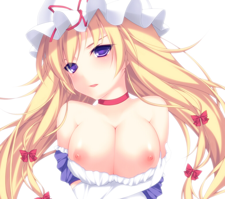 1girl bare_shoulders blonde_hair blush bow breast_squeeze breasts bust choker female hair_bow hat kabata_(mechisan) large_breasts long_hair looking_at_viewer nipples purple_eyes simple_background solo touhou upper_body white_background yakumo_yukari