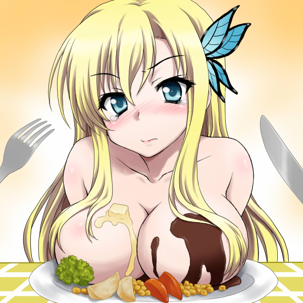 1girl blonde_hair blue_eyes blush boku_wa_tomodachi_ga_sukunai breast_on_tray breast_rest breasts butterfly_hair_ornament censored convenient_censoring female food_on_body fork hair_ornament kashiwazaki_sena knife long_hair nude peter_(artist) solo tears topless tray upper_body