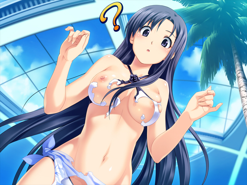 1girl ? areolae bikini blue_eyes blue_hair breasts cloud dissolving_clothes female game_cg koutaro large_breasts long_hair navel nipples saotome_nagi sarong sky solo swimsuit torn_clothes torn_swimsuit tree tropical_kiss very_long_hair wardrobe_malfunction window