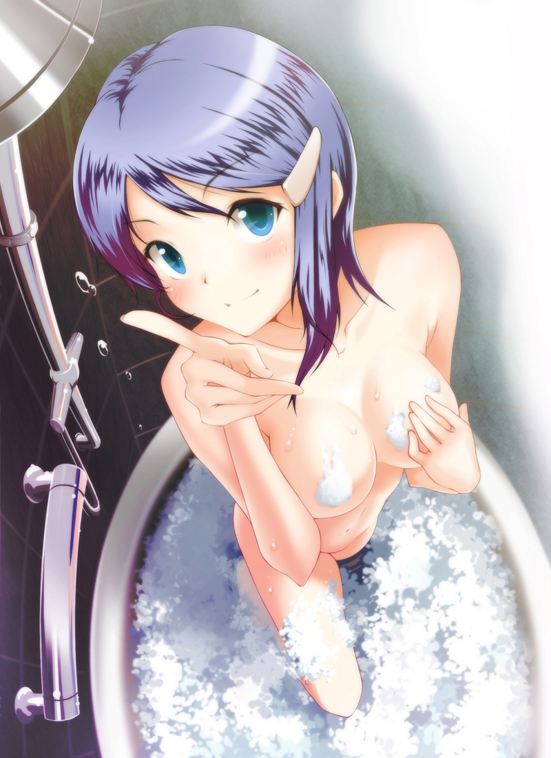 1girl argon bangs bath bathing bathroom bathtub blue_eyes blue_hair blush bubble_bath censored collarbone convenient_censoring covering female foam foreshortening from_above groin hair_ornament hairclip idolmaster idolmaster_dearly_stars index_finger_raised indoors light_smile looking_at_viewer mizutani_eri navel nude parted_bangs perspective short_hair shower smile soap_bubbles solo standing tile_wall tiles wading water wet