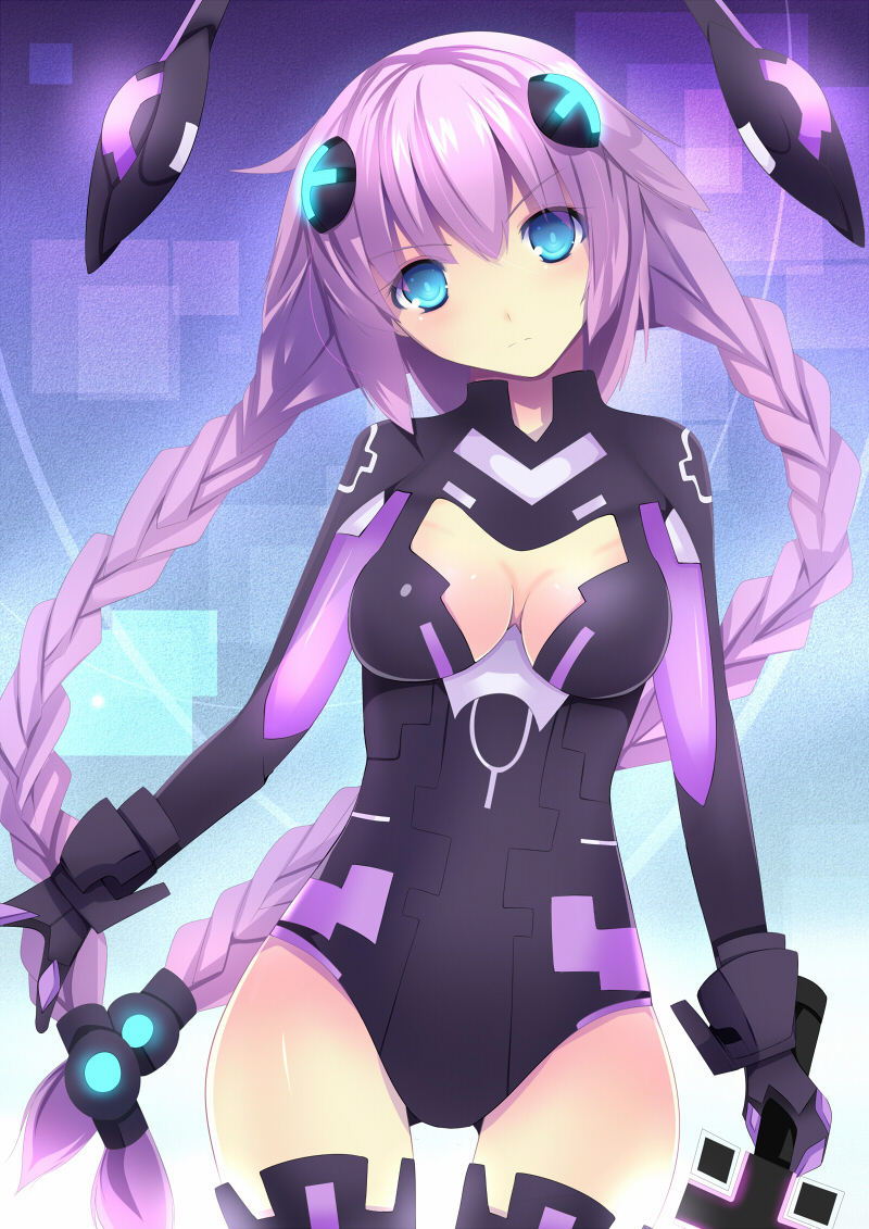 1girl backlighting bangs blue_eyes blush braid breasts breasts_apart choujigen_game_neptune cleavage cleavage_cutout compile_heart cowboy_shot daiaru female floating_object gloves glowing gradient gradient_background hair_ornament head_tilt holding idea_factory leotard long_hair looking_at_viewer magical_girl neon_trim neptune_(choujigen_game_neptune) neptune_(series) purple_hair purple_heart serious solo thigh_gap thighs turtleneck twin_braids vambraces very_long_hair