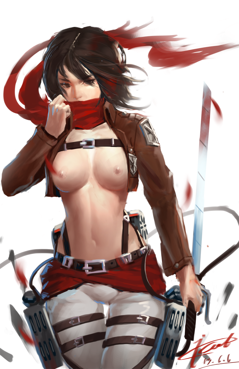 1girl belt black_hair blood breasts cicada_(bloodcicada) covering_mouth female highres jacket mikasa_ackerman nipples open_clothes open_jacket reverse_grip scarf scarf_over_mouth shingeki_no_kyojin short_hair solo sword thigh_strap three-dimensional_maneuver_gear weapon