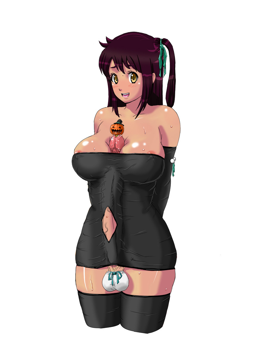 1girl areola_slip areolae arms_behind_back autopaizuri bare_shoulders between_breasts blush breasts brown_hair bulge cameltail center_opening detached_sleeves dress erect_nipples erection erection_under_clothes full-package_futanari futanari green_ribbon hair_ribbon halloween highres hoihoi hoihoi_(pixiv:2044361) huge_penis insertion jack-o'-lantern large_breasts large_penis long_hair looking_at_viewer no_bra object_insertion paizuri paizuri_under_clothes penis penis_under_clothes pixiv_manga_sample precum resized ribbon short_dress simple_background skin_tight smile solo sweat testicle_cover testicles thighhighs urethral_insertion veins veiny_penis white_background yellow_eyes zettai_ryouiki
