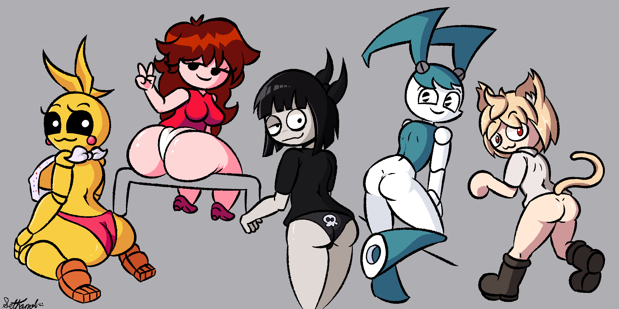 5girls adult_swim ass big_ass booty creepy_susie fat_ass five_nights_at_freddy's flirting flirting_with_viewer friday_night_funkin girlfriend_(friday_night_funkin) goth goth_girl jenny_wakeman looking_at_viewer my_life_as_a_teenage_robot necoarc panties presenting_hindquarters sethanol the_oblongs toy_chica