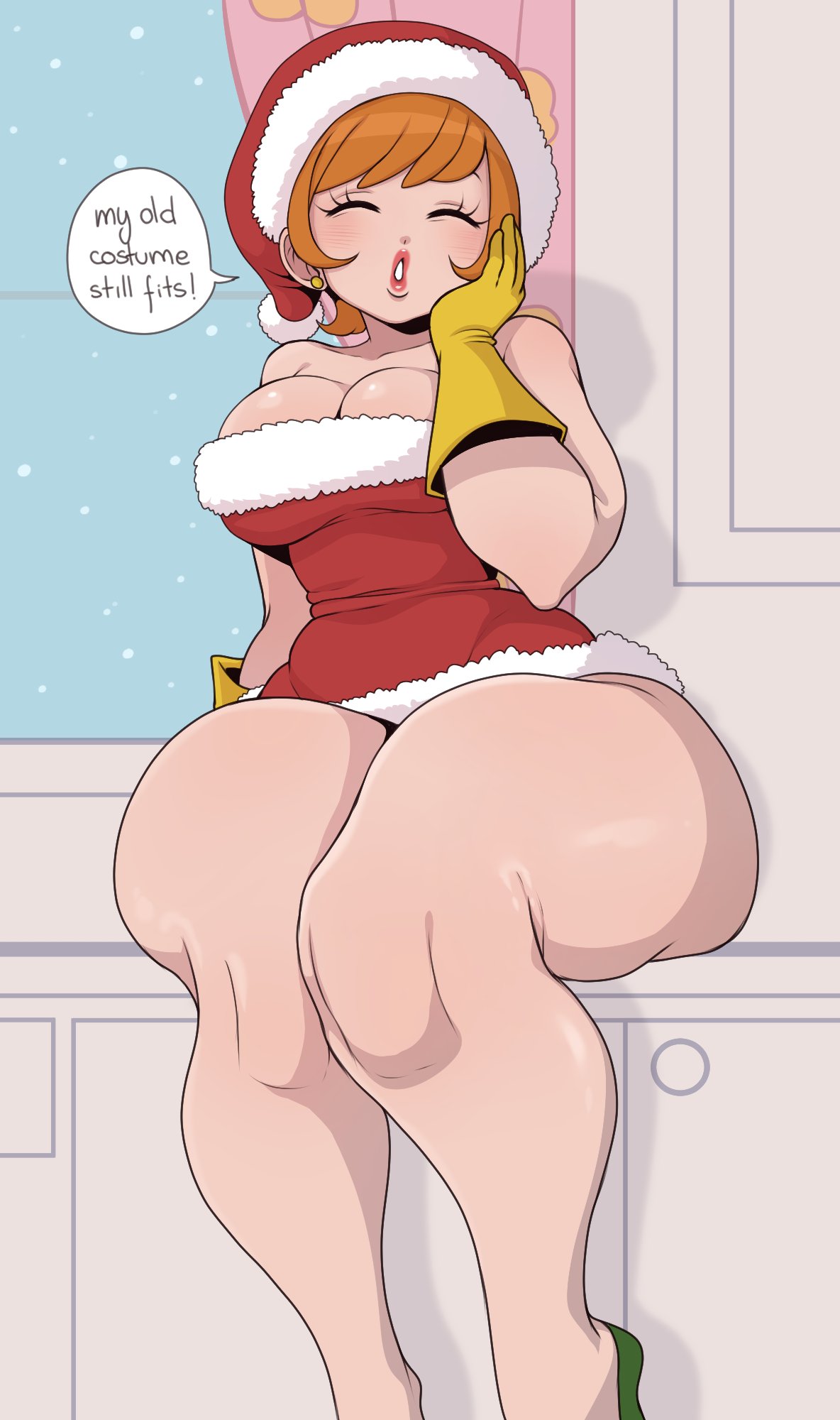 1girl big_breasts cartoon_network christmas christmas_outfit dexter's_laboratory dexter's_mom dress english_text female_focus female_only gloves holidays mature_female milf niucniuc santa_hat speech_bubble thick_thighs wide_hips