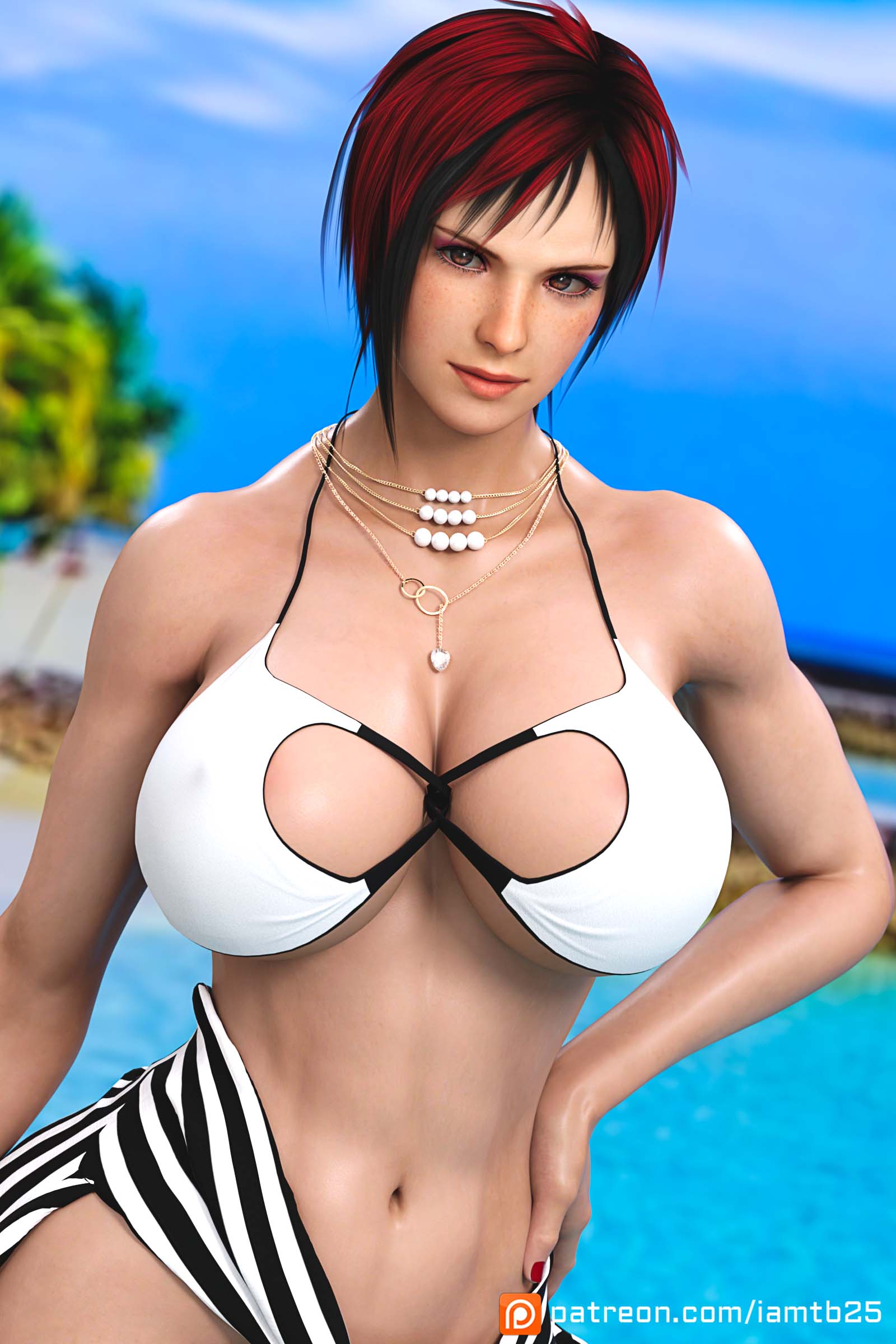 abs alluring athletic_female beach big_breasts bikini cleavage dead_or_alive deep_cleavage female_abs fit fit_female mila mila_(doa) patreon_username red_hair swimsuit tb25 tecmo