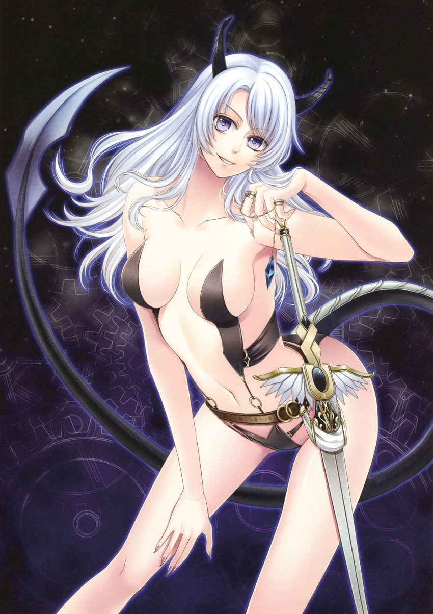 1girl 1girl absurd_res blue_eyes breasts cleavage collarbone eyebrows genkai_tokki_monster_monpiece high_res holding holding_sword holding_weapon horns leaning_forward long_hair looking_at_viewer medium_breasts navel side_ponytail silver_hair smile sword tail weapon