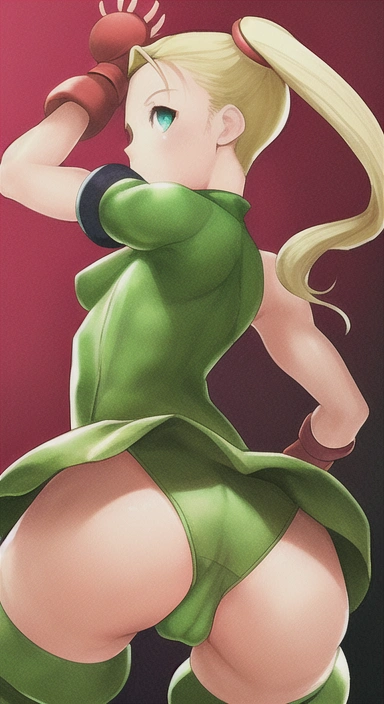 1girl ai_generated ass back_view blonde_hair blue_eyes breasts cammy_white female_only pussy red_background simple_background street_fighter tight