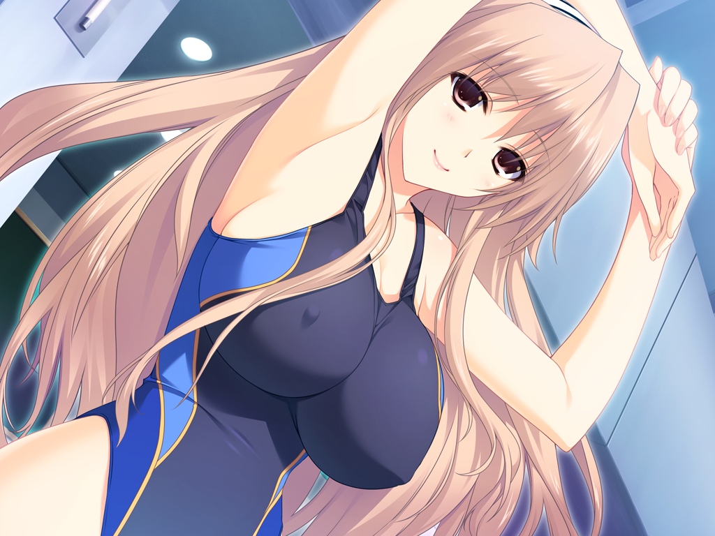 1girl akatsuki_works_hibiki armpit armpits arms_up blonde_hair blush breasts brown_eyes brown_hair cleavage competition_swimsuit curvy erect_nipples female game_cg hairband highres huge_breasts iizuki_tasuku impossible_clothes impossible_swimsuit large_breasts lips long_hair looking_at_viewer lovely_x_cation one-piece_swimsuit smile solo standing swimsuit tsukioka_misasa
