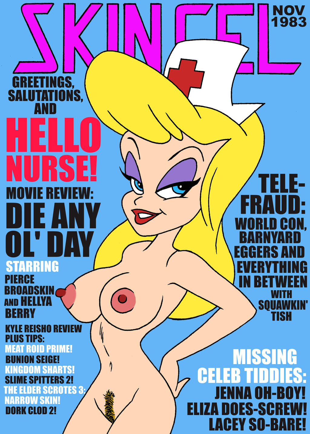 1girl 1girl 2023 animaniacs blonde_hair blue_background blue_eyes breasts breasts cute english_text eyebrows eyelashes female_human female_only hello_nurse human human_only lipstick looking_at_viewer magazine magazine_cover navel nipples open-mouth_smile pink_nipples pubic_hair pussy red_lipstick sexy sexy_body sexy_breasts sexy_pose skincel text toonytease vaginal warner_brothers yellow_hair