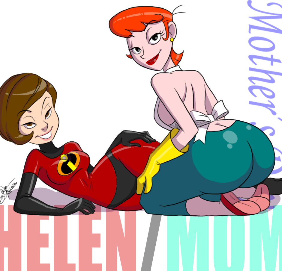 aeolus apron ass big_ass breasts bubble_butt crossover dexter's_laboratory dexter's_mom disney elastigirl gloves round_ass sideboob smile the_incredibles topless white_background wide_hips