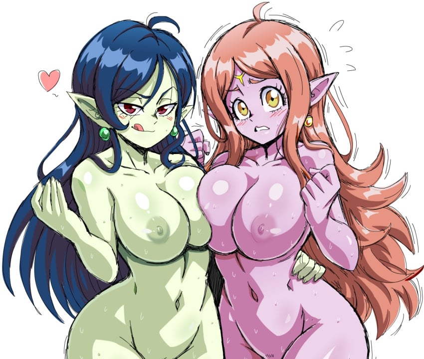 2_girls alternate_breast_size big_breasts big_breasts blue_hair blush breast_press breasts chronoa circlet cleavage commission commissioner_upload core_person demoness dragon_ball dragon_ball_heroes earrings goddess green_nipples green_skin hand_on_hip jewelry lewdamone licking_lips light_brown_hair long_hair looking_at_viewer multiple_girls nipples no_bra no_panties pink_skin pointy_ears potara_earrings power_of_time_unleashed red_eyes robelu_(dragon_ball) smile thick_thighs thighs tongue tongue_out voluptuous yellow_eyes yuri