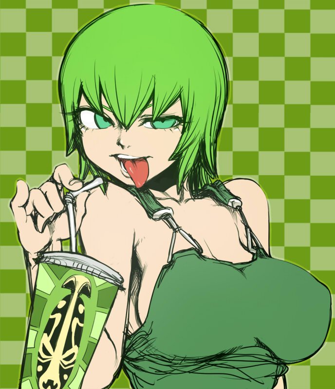 1girl 1girl 1girl checkered_background drinking drinking_water female_focus female_only foo_fighters foo_fighters_(stand) green_eyes green_hair green_overalls jojo's_bizarre_adventure no_bra no_underwear overalls short_hair solo_female solo_focus space_jin stone_ocean tongue tongue_out water