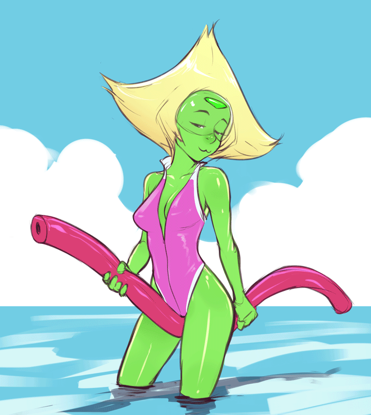 1girl animated areola breasts cartoon_network cleavage clothed female_only gem_(species) gif izra looking_at_viewer nipples nude one-piece_swimsuit partially_submerged peridot_(steven_universe) pink_swimsuit skinny_dipping steven_universe swimsuit wading water