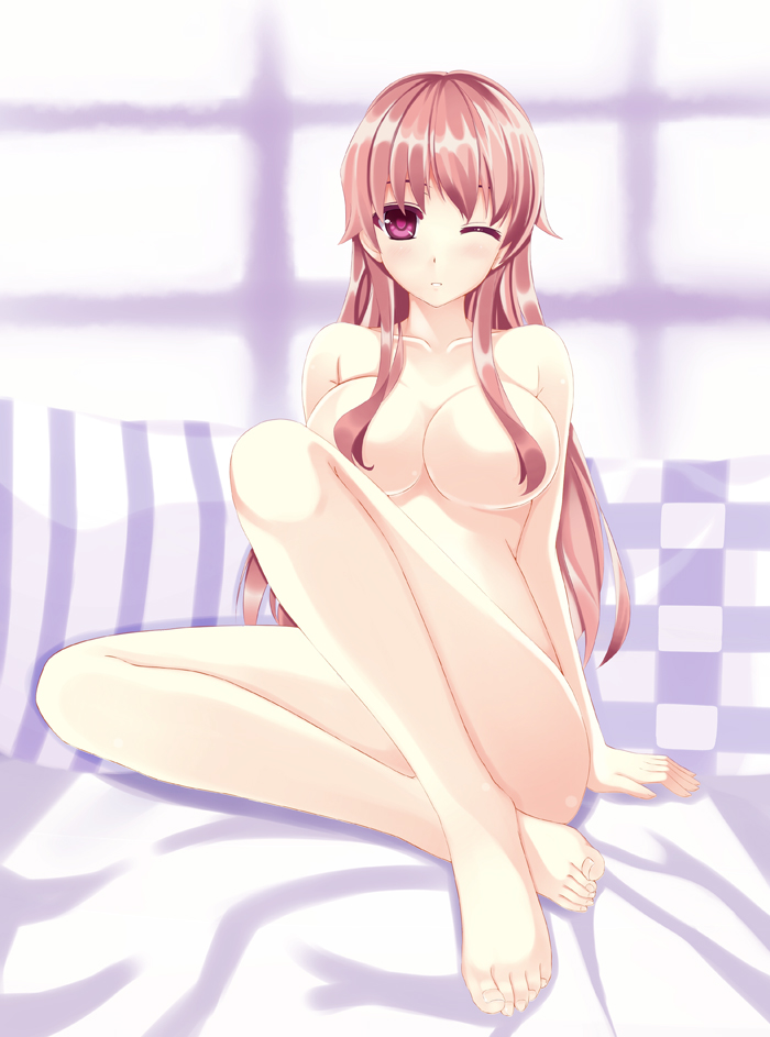 1girl arm_support artist_request bare_shoulders barefoot bed blush breasts censor_hair censored checkered convenient_censoring feet female game_cg gasai_yuno gundam hair_censor hair_down hair_over_breasts large_breasts legs long_hair mirai_nikki nude one_eye_closed operator_type_l pillow pink_eyes pink_hair purple_eyes sd_gundam_online sitting skybuster solo striped toes wink