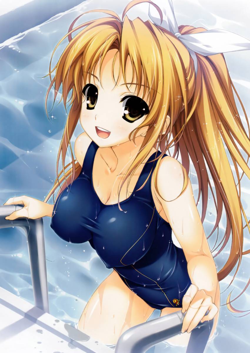 1_girl 1girl :d absurd_res absurdres arm arms bare_legs bare_shoulders big_breasts blonde blonde_hair bow breasts cleavage collarbone erect_nipples female hair_bow hair_ribbon happy high_res highres large_breasts legs leotard long_hair looking_at_viewer neck one-piece_swimsuit open_mouth ponytail pool ribbon skin_tight smile solo swimsuit water wet yellow_eyes yuuki_hagure