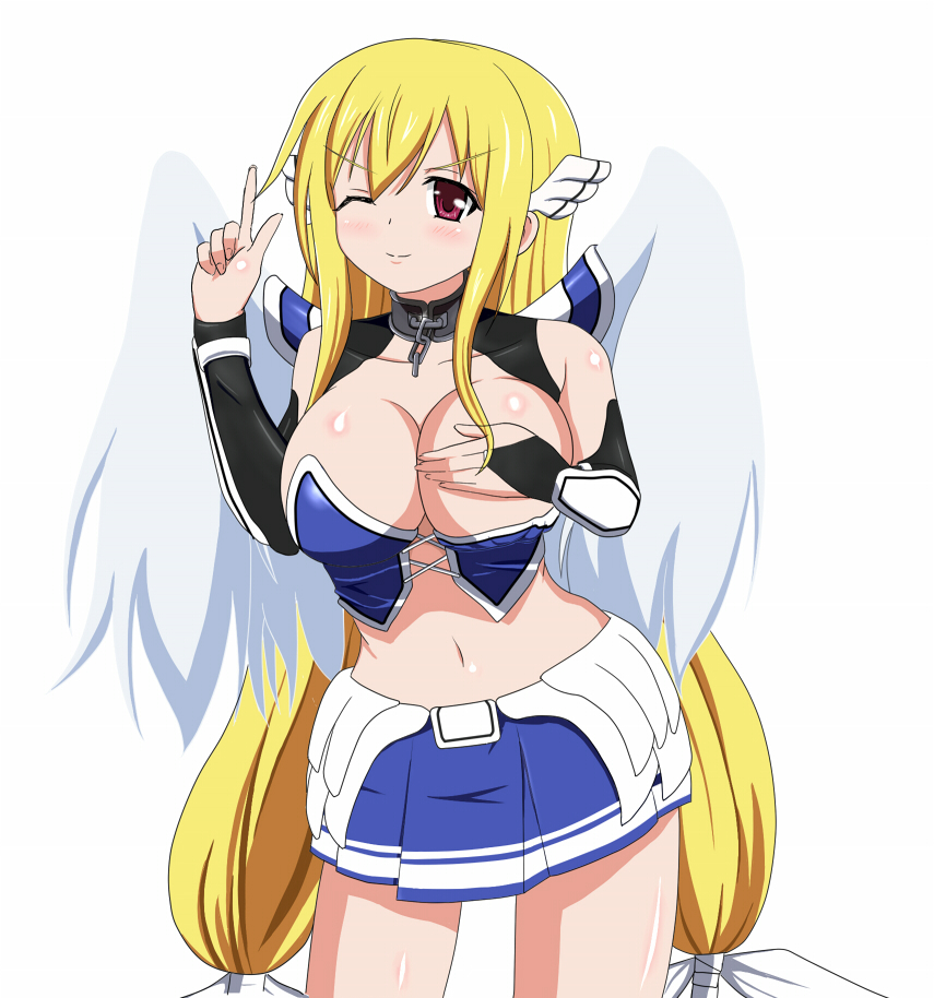 artist_request astraea blonde_hair blush breasts female long_hair miniskirt red_eyes skirt solo sora_no_otoshimono thighs wings wink