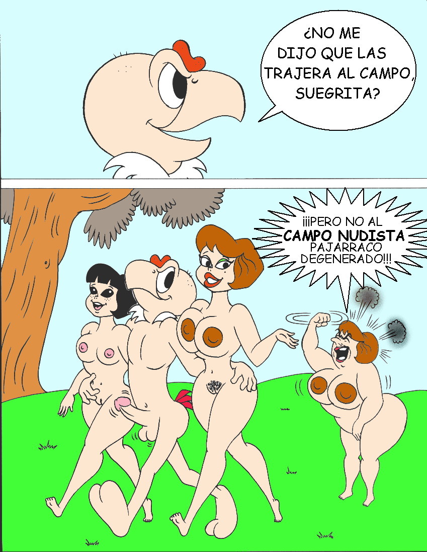 1boy 3_girls 3girls1boy 4_fingers 5_toes adult age_difference aged_up angry aunt_and_niece barefoot big_ass big_breasts big_penis bird_humanoid black_hair breasts brown_hair brown_nipples comic completely_nude condorito condorito_(character) condorito_(series) do&ntilde;a_tremebunda erect_penis female grass green_grass large_breasts loenror male male/female nudist paheal penis public_nudity pun pussy pussy_hair red_lipstick red_skin spanish_text talking_to_another tree walking yayita young yuyito
