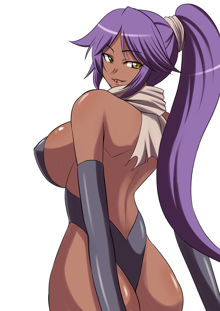 ass bleach breasts cleavage dark_skin female large_breasts long_hair no_bra open_mouth panties ponytail purple_hair shihouin_yoruichi sideboob simple_background smile solo thong underwear white_background yellow_eyes zerosu_(take_out)