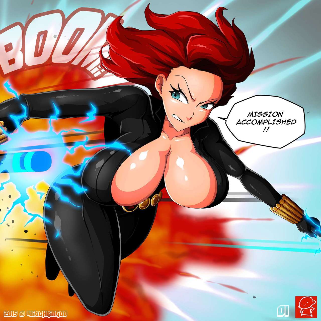 1girl 1girl avengers big_breasts black_widow breasts comic comic_book_character english_text green_eyes long_hair marvel marvel_comics mature mature_female natasha_romanoff red_hair s.h.i.e.l.d. shield_agent solo_female superheroine tagme text witchking00