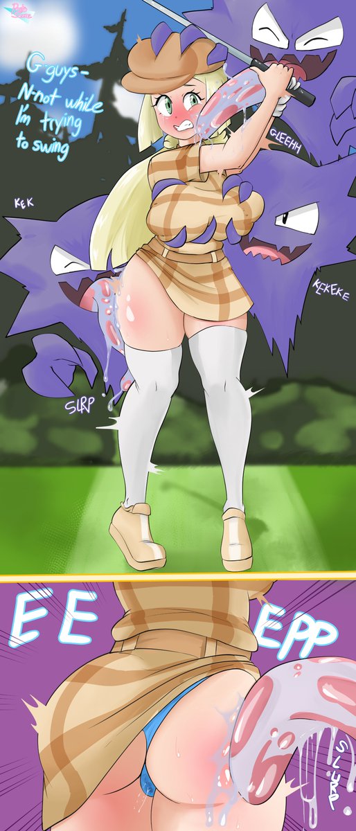 1girl ass big_ass blonde_hair blush breast_grab breasts dialogue disembodied_hands dress embarrassed english_text ghost golf_club groping groping_breasts hat haunter headwear huge_breasts licking licking_ass lillie_(pokemon) pawg pokemon pokemon_sm pokemon_sun_&amp;_moon protoscene saliva stockings text thong tongue watermark