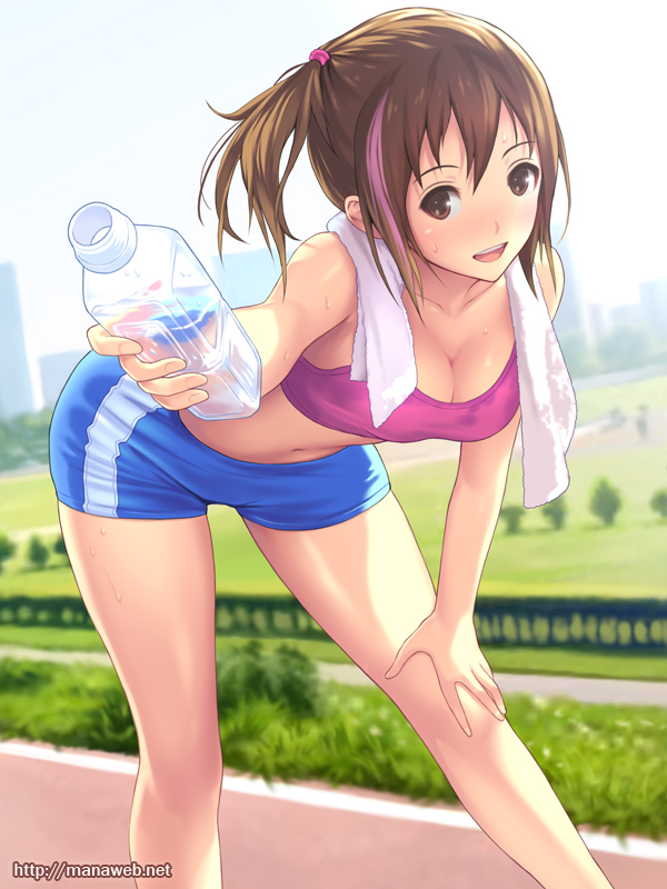1girl bottle breasts brown_eyes brown_hair cleavage female gym_shorts hand_on_knee hand_on_own_knee ilog leaning_forward mana_kakkowarai midriff multicolored_hair navel official_art open_mouth pink_hair shiny shiny_skin short_hair shorts side_ponytail smile solo sports_bra sweat towel track_and_field watermark web_address web_address_without_path yokoi_sakura