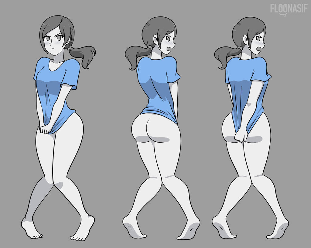 1girl ass black_hair blush bottomless covering covering_crotch embarrassed embarrassed_nude_female embarrassing enf looking_at_viewer looking_back nintendo ponytail solo_female solo_focus white_skin wii wii_fit wii_fit_trainer