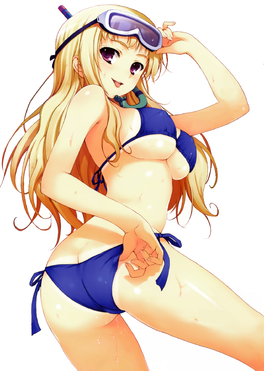 adjusting_clothes adjusting_swimsuit ass bikini blonde_hair breasts butt_crack diving_mask female goggles highres large_breasts purple_eyes scuba sideboob snorkel source_request swimsuit tan tanline tomose_shunsaku underboob wet