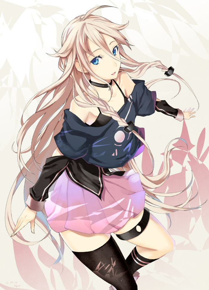 1girl ahoge bare_shoulders blue_eyes braid female ia_(vocaloid) kgr long_hair looking_at_viewer open_mouth pink_hair single_thighhigh skirt solo thigh_strap thighhighs twin_braids very_long_hair vocaloid