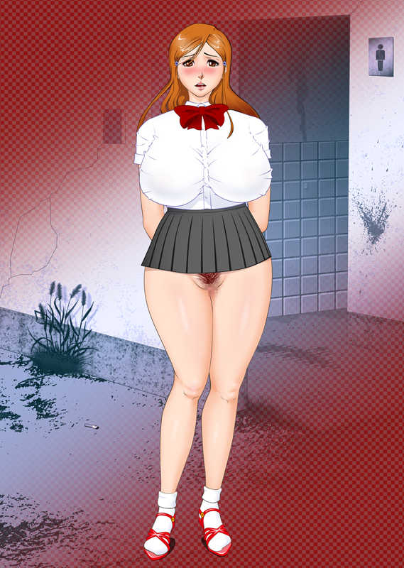 1girl arms_behind_back bathroom bleach blush bow breasts censored curvy flower footwear hair_ornament hairclip hips huge_breasts inoue_orihime long_hair miniskirt open_mouth orange_hair pubic_hair pussy red_eyes red_snake_come_on ribbon school_uniform skirt socks solo standing
