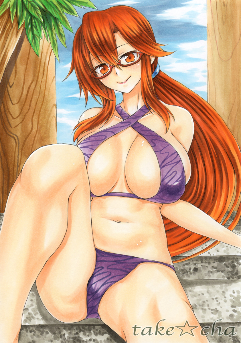1_girl 1girl alluring artist_name bare_arms bare_legs bare_shoulders big_breasts bikini blush breasts brown_eyes brown_hair cleavage cloud creatures_(company) elite_four eyelashes female female_human female_only game_freak glasses hair_ornament high_res human lipstick long_eyelashes long_hair looking_at_viewer lorelei lorelei_(pokemon) makeup matching_hair/eyes mostly_nude navel nintendo orange_eyes pokemon pokemon_(game) pokemon_frlg pokemon_rgby ponytail sitting sky smile solo solo_focus swimsuit takecha tree