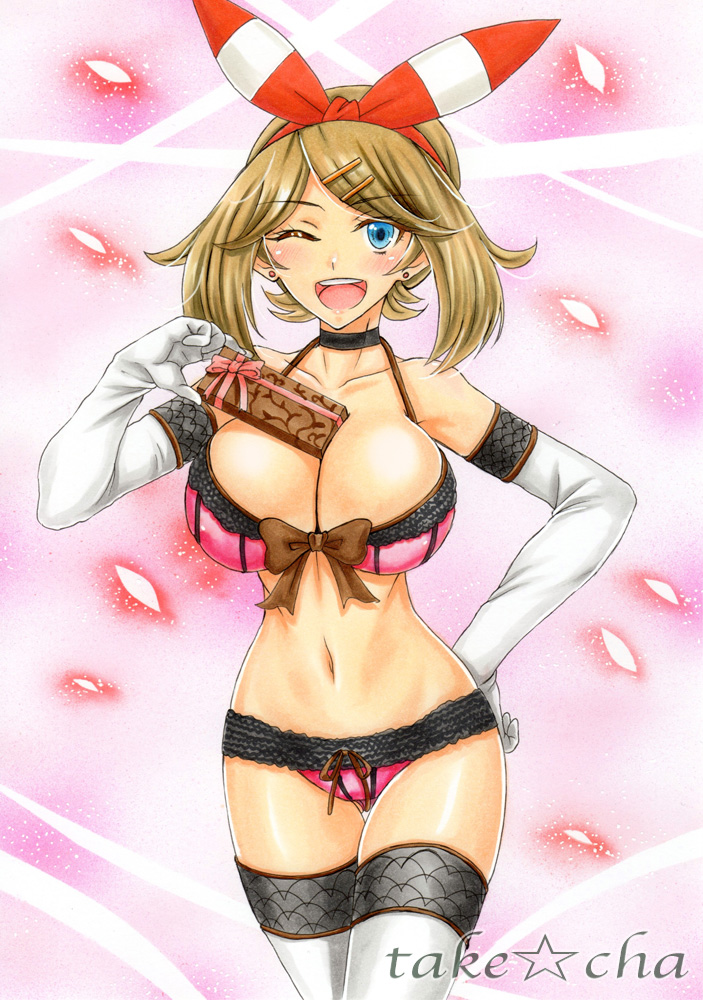 10s 1_girl 1girl ;d alluring bare_shoulders big_breasts blue_eyes bow bow_bra bow_panties box bra breasts brown_bow brown_hair cleavage collarbone cowboy_shot creatures_(company) earrings elbow_gloves erect_nipples eyebrows_visible_through_hair female female_human female_only game_freak gift gift_box gloves gluteal_fold hair_ribbon hairband hand_on_hip haruka_(pokemon) holding holding_gift huge_breasts human jewelry lingerie looking_at_viewer marker_(medium) may may_(pokemon) may_(pokemon_oras) midriff navel nintendo one_eye_closed open_mouth panties petals pink_background pink_bow pink_bra pink_panties pokemon pokemon_(game) pokemon_oras red_ribbon ribbon round_teeth short_hair short_twintails simple_background smile solo standing stockings stomach stud_earrings takecha teeth thigh_gap thigh_strap traditional_media twin_tails underwear valentine white_gloves white_legwear