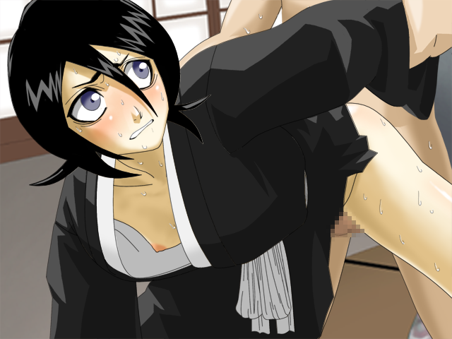 1boy 1girl arm_grab bent_over black_hair bleach blush breasts censored doggy_position flat_chested game_cg grey_eyes japanese_clothes kuchiki_rukia looking_back male/female maten nipples no_bra open_clothes sex small_breasts solo sweat vaginal